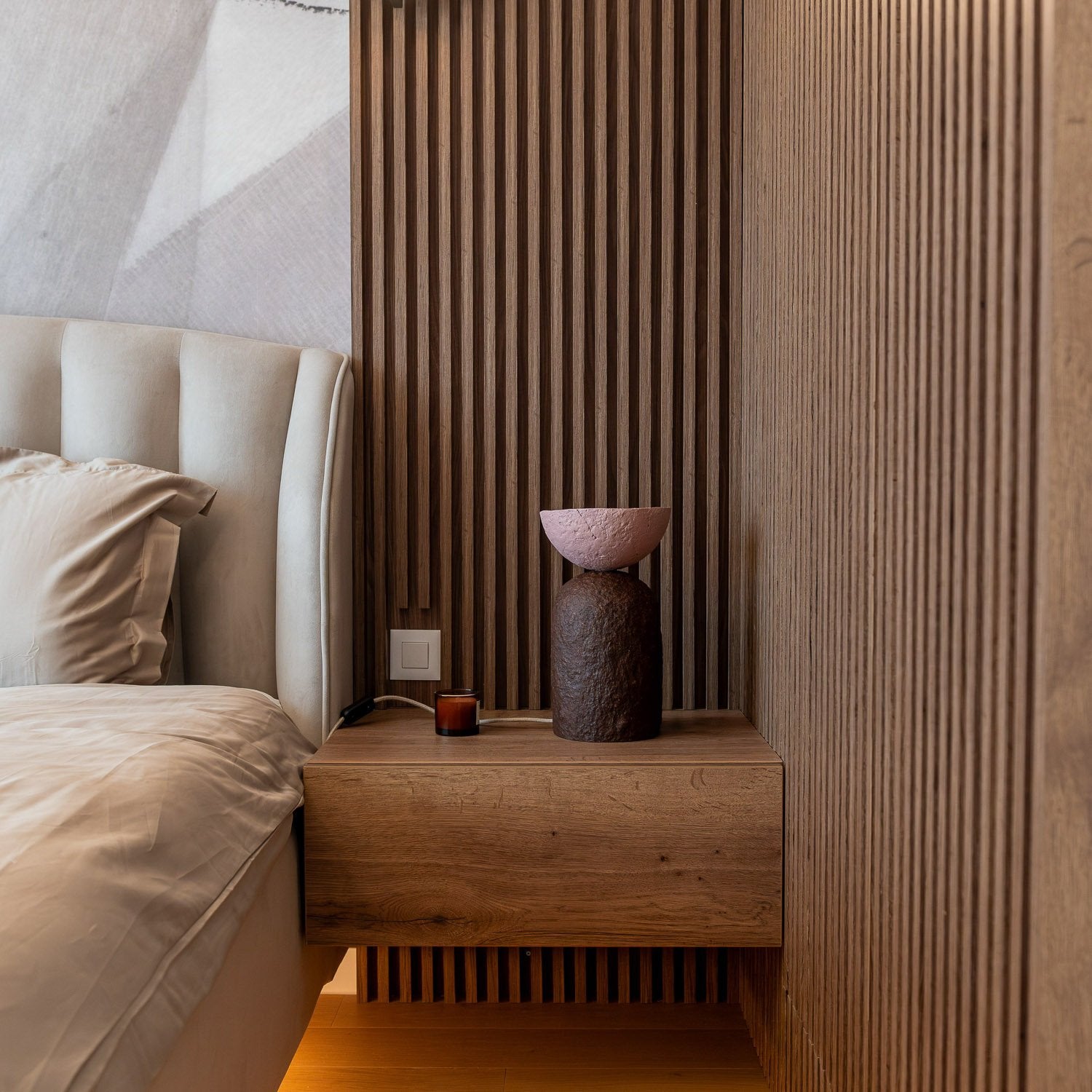 bedside table lamp on 2 colors pink and brown with paper mache texture